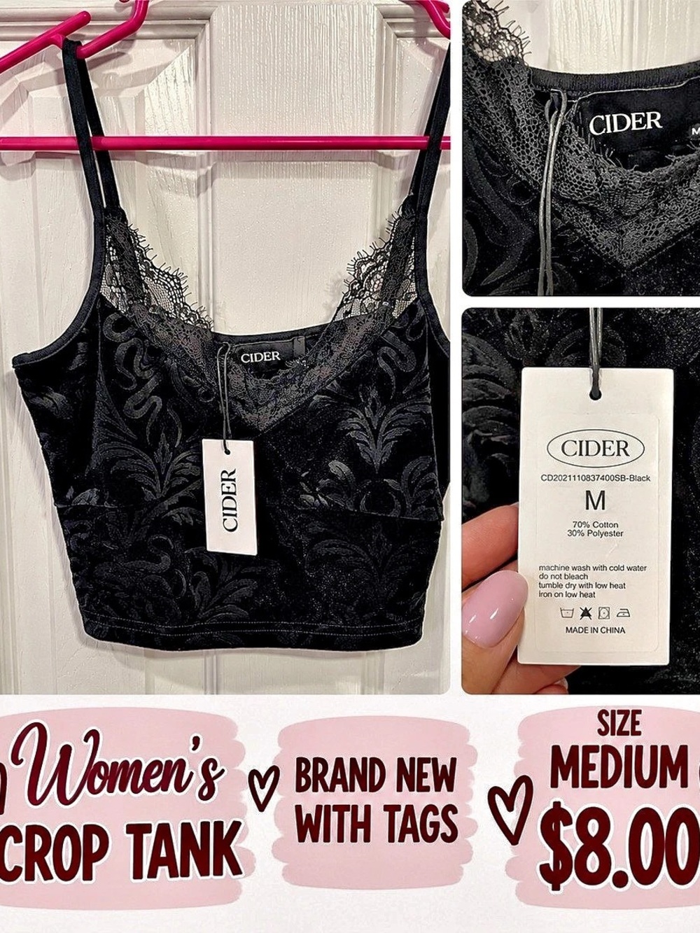 CIDER Black Floral Lace Crop Top Size Medium NWT